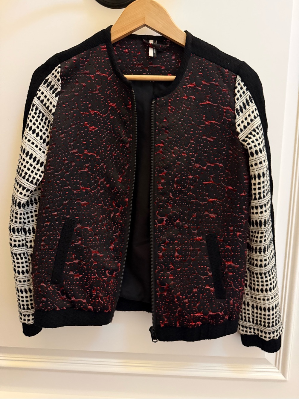 Topshop Floral & Geometric Mixed Jacquard Full Zip Bomber Jacket